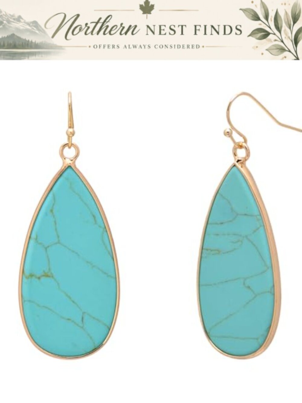 Handcrafted Turquoise Dangle Drop Earrings 14K Gold Tone Copper 45mm